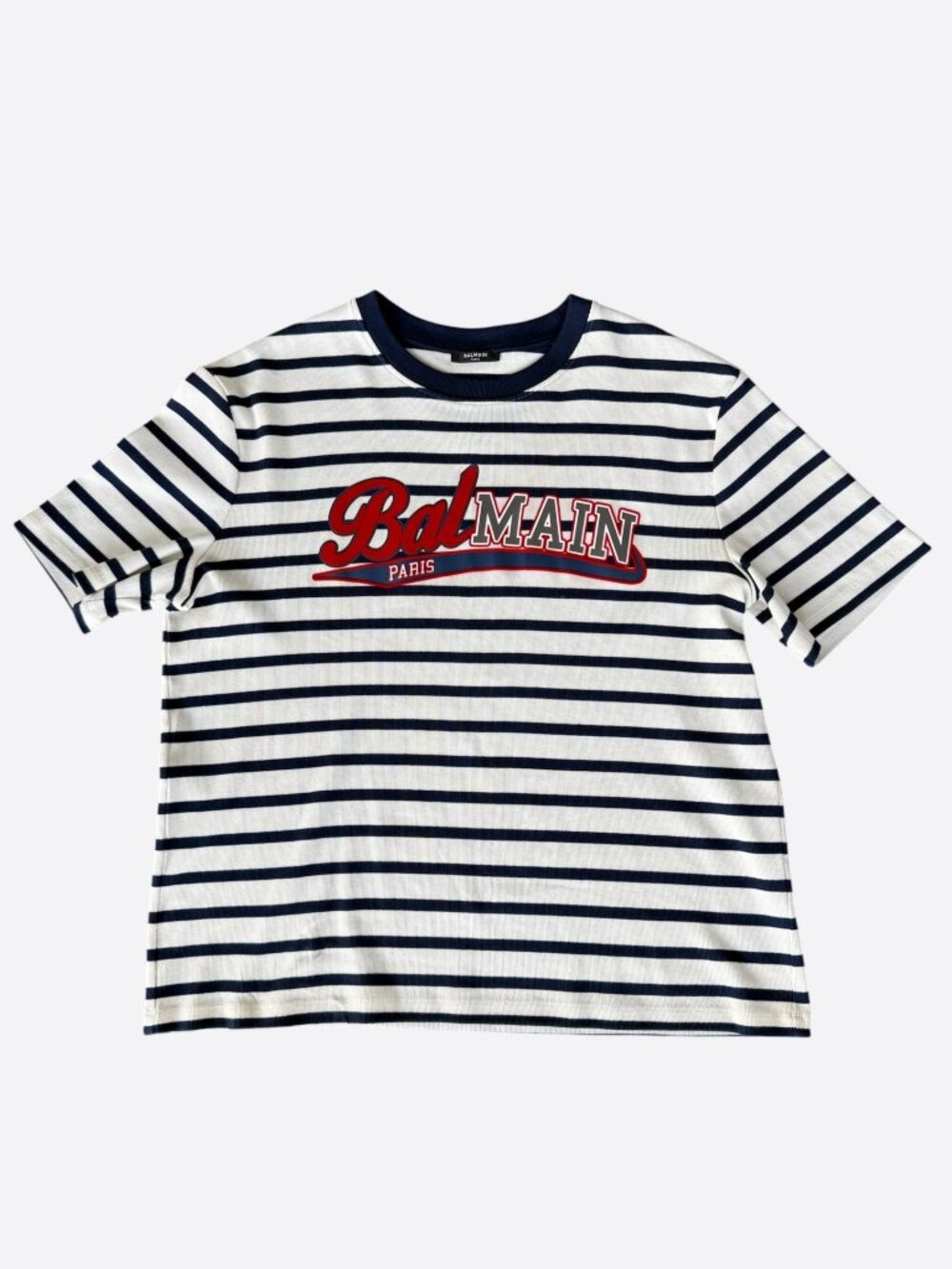 Balmain White & Navy Mariniere Baseball Logo T-shirt